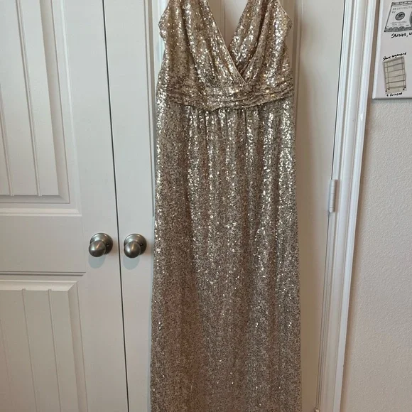 David's Bridal Champagne Sequin Dress Sleeveless Long - Picture 1 of 6